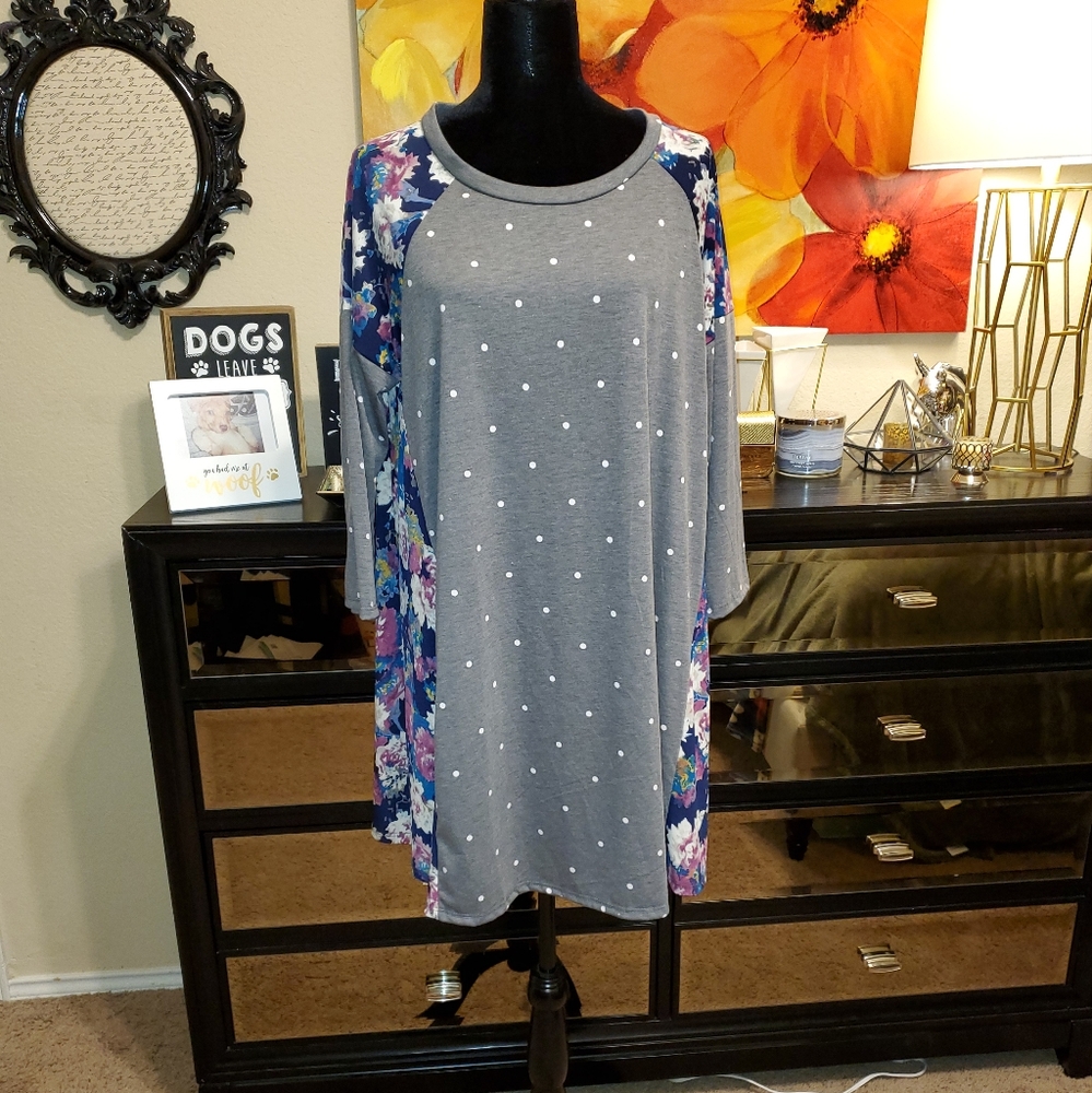 NWOT Egs by éloges Charcoal Polka-dot Floral Trim Shift Dress Size 2XL